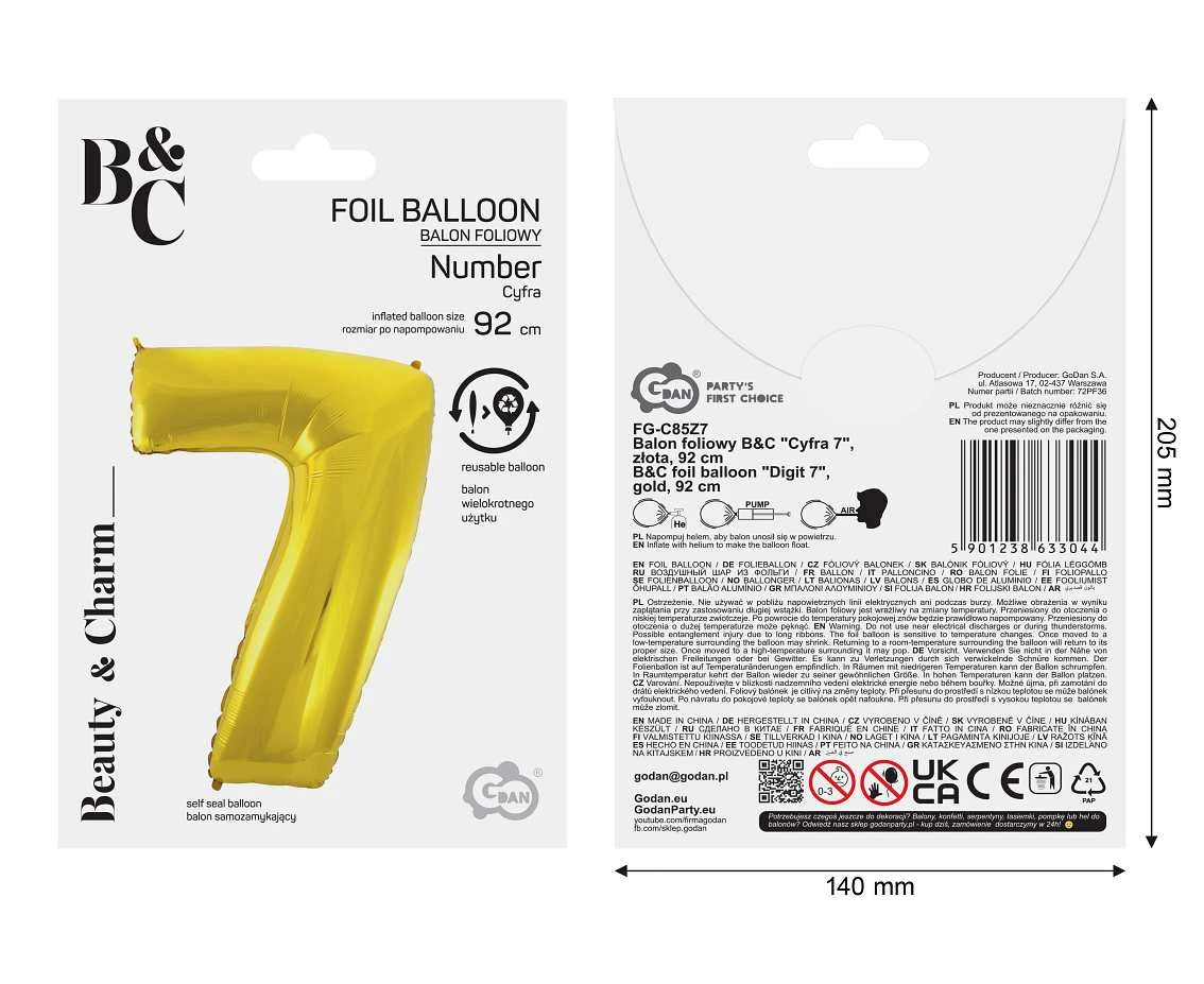 Balon foliowy B&C Cyfra 7, złota, 92 cm AA